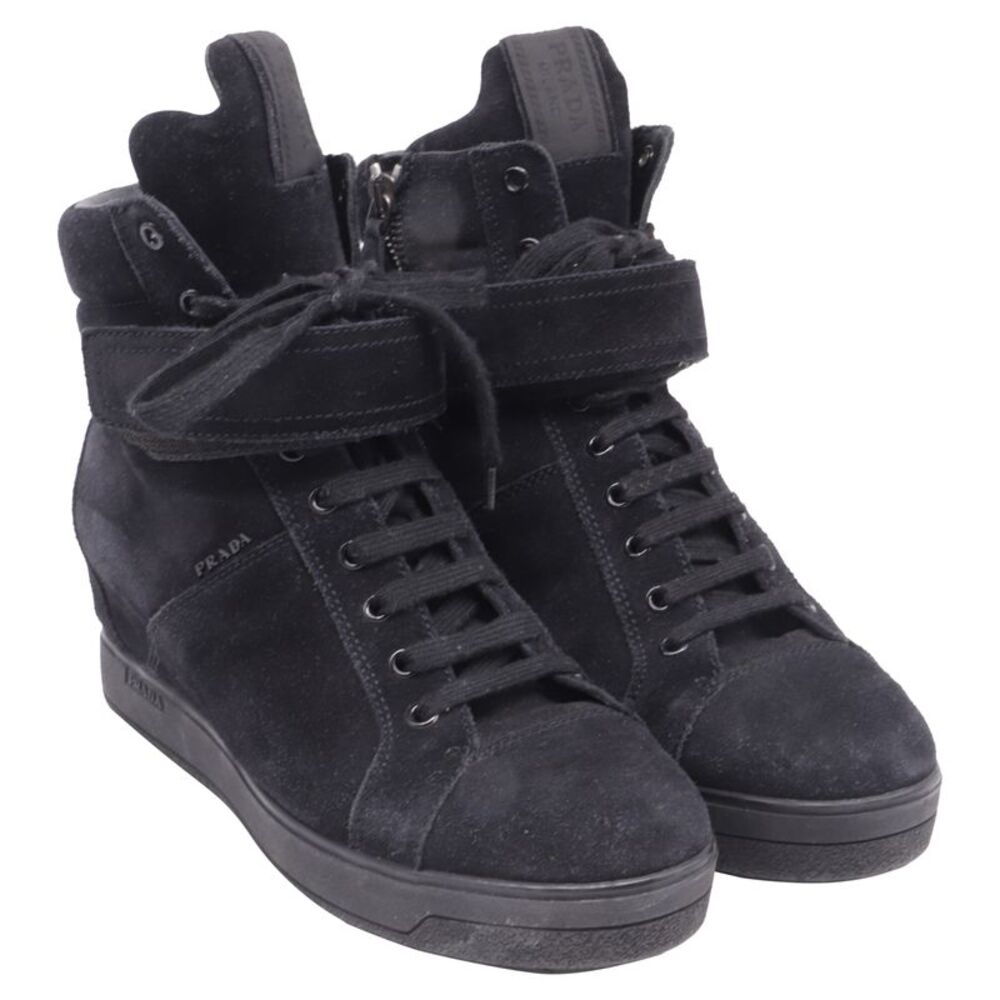 Prada Sport High-Top Wedge Sneakers in Black Suede - Picture 1 of 9
